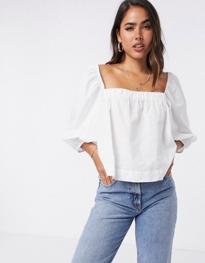 Mango poplin square neck blouse with puff sleeves in white | essential summer top - flipped