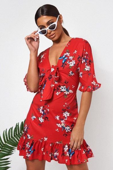 The Fashion Bible MIA RED FLORAL FRILL MINI DRESS | frill trimmed bow-front dresses