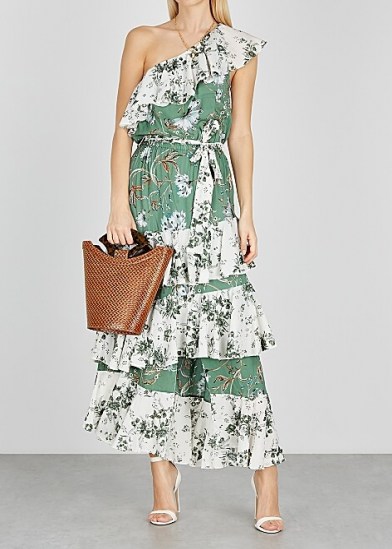 MISA Faena floral-print ruffle-trimmed maxi dress – feminine summer one shoulder dresses