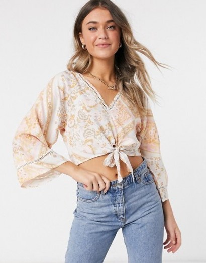 Miss Selfridge kimono blouse in ivory floral | cropped wide sleeve blouses - flipped