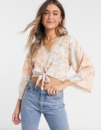 Miss Selfridge kimono blouse in ivory floral | cropped wide sleeve blouses