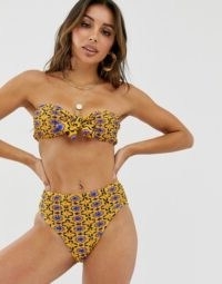 Missguided crinkle bikini set in mustard tile print ~ bandeau bikinis