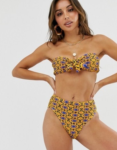 Missguided crinkle bikini set in mustard tile print ~ bandeau bikinis - flipped