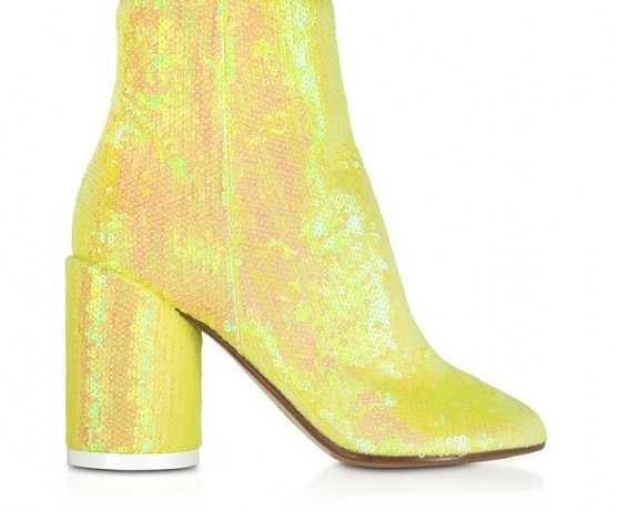 MM6 MAISON MARTIN MARGIELA Blazing Yellow Sequins and Suede Boots | sequinned chunky heel ankle boot - flipped