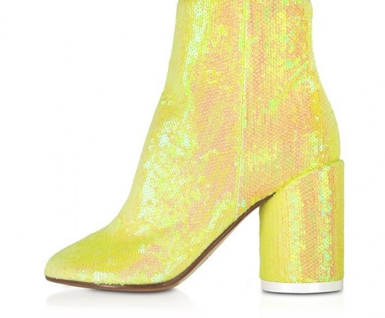 MM6 MAISON MARTIN MARGIELA Blazing Yellow Sequins and Suede Boots | sequinned chunky heel ankle boot