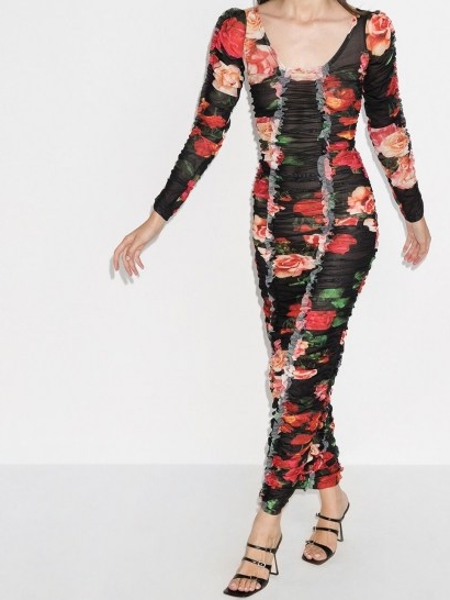 Molly Goddard ruched floral-print dress / black flower print event dresses