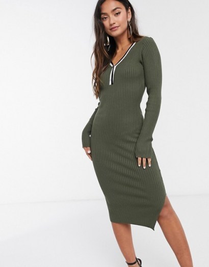 Morgan knitted jumper dress with contrast stripe in khaki | green ribbed knit dresses