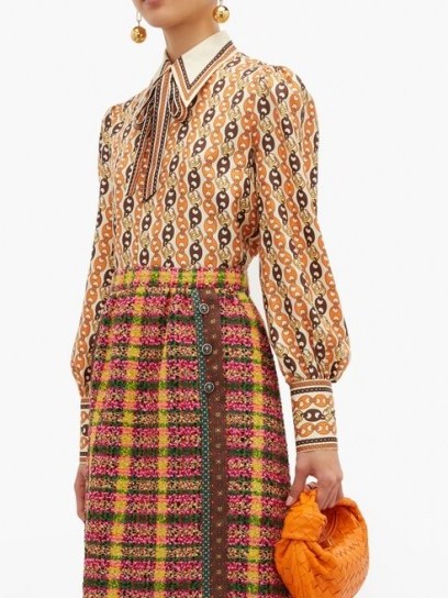 GUCCI Neck-tie chain-print silk blouse ~ chic retro look ~ orange printed blouses - flipped