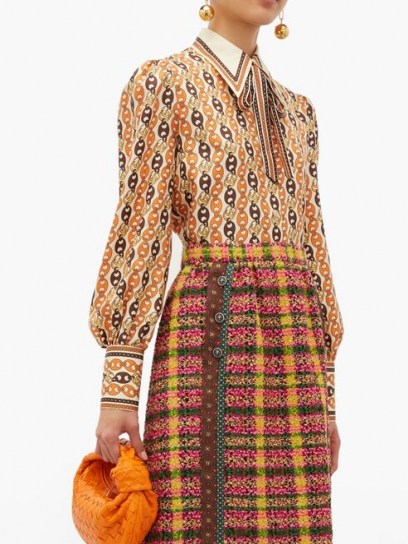 GUCCI Neck-tie chain-print silk blouse ~ chic retro look ~ orange printed blouses