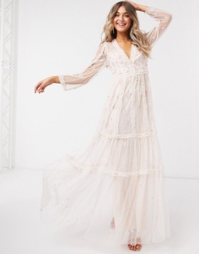Needle & Thread embellished plunge maxi dress in mink / long semi sheer occasion dresses / romantic look fashion