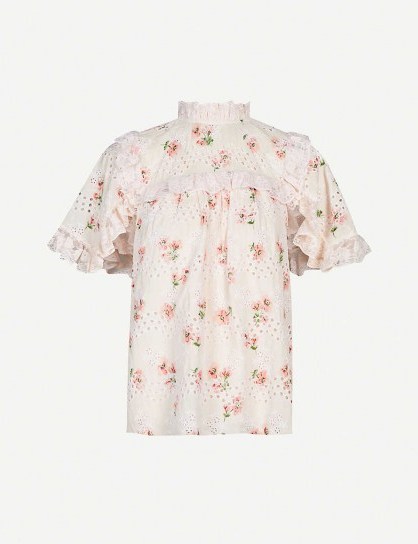 NEEDLE AND THREAD Desert Rose floral-embroidered cotton-blend top in topaz pink ~ ruffle trim high neck blouse - flipped
