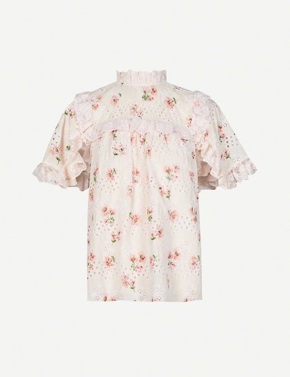 NEEDLE AND THREAD Desert Rose floral-embroidered cotton-blend top in topaz pink ~ ruffle trim high neck blouse