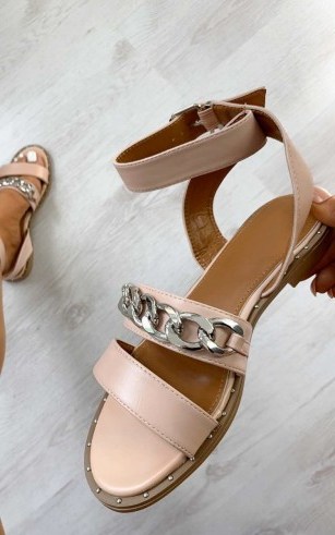ikrush Nikki Chain Detail Sandals in Pink – summer ankle strap flats - flipped