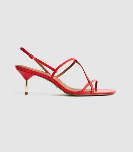 REISS OPHELIA LEATHER STRAPPY KITTEN HEELS RED ~ metallic heel slingbacks - flipped
