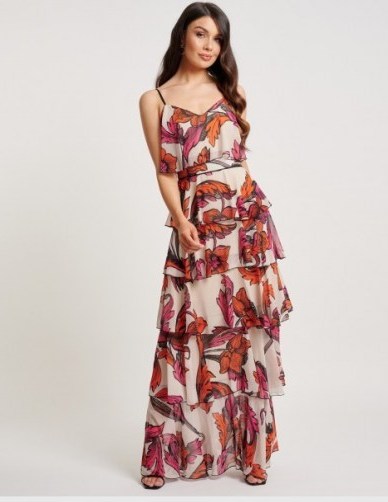 FOREVER UNIQUE Orange And Fuchsia Floral Maxi Dress / tiered occasion dresses - flipped