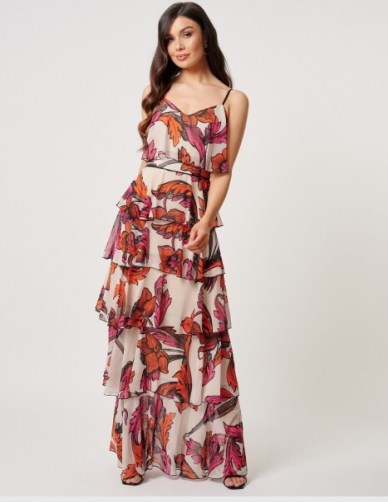 FOREVER UNIQUE Orange And Fuchsia Floral Maxi Dress / tiered occasion dresses
