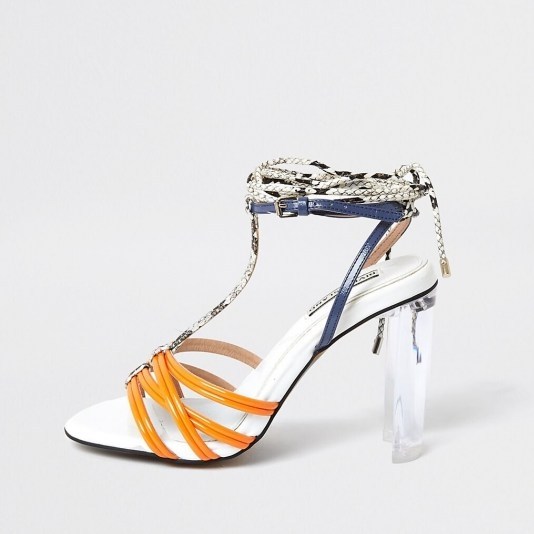 RIVER ISLAND Orange strappy perspex heel sandal / transparent heels - flipped
