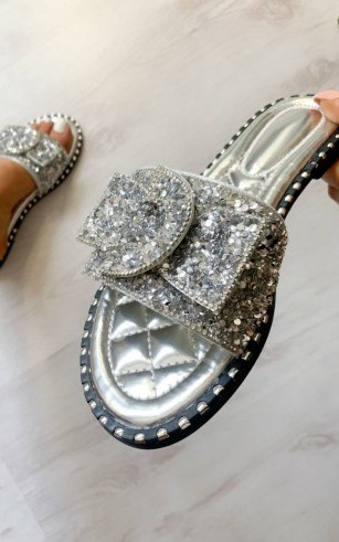 ikrush Orla Embellished Slip On Sandals in Silver – sequinned metallic slides - flipped