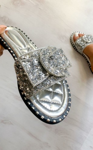 ikrush Orla Embellished Slip On Sandals in Silver – sequinned metallic slides