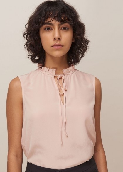 WHISTLES SELENA SILK TOP ~ pale-pink frill neck tops - flipped