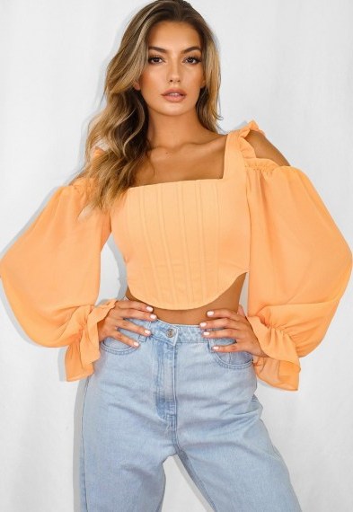 Missguided peach chiffon cold shoulder corset crop top | fitted bodice tops with balloon sleeves - flipped