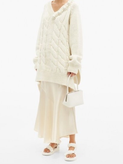 SIMONE ROCHA Pearl-embellished oversized cable-knit sweater ~ slouchy cream sweaters - flipped