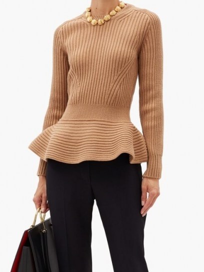 ALEXANDER MCQUEEN Peplum-hem rib-knitted wool-blend sweater ~ chic camel knits - flipped