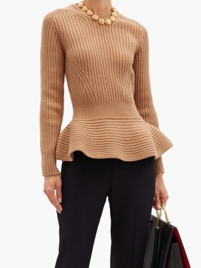 ALEXANDER MCQUEEN Peplum-hem rib-knitted wool-blend sweater ~ chic camel knits