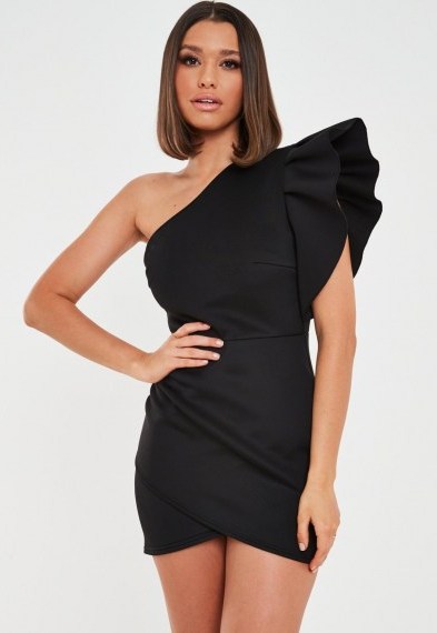 Missguided petite black scuba frill one shoulder mini dress ~ lbd ~ evening glamour ~ glamorous bodycon dresses - flipped