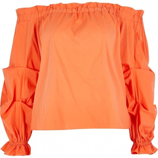 RIVER ISLAND Petite orange ruched long sleeve bardot top / bright off the shoulder tops - flipped