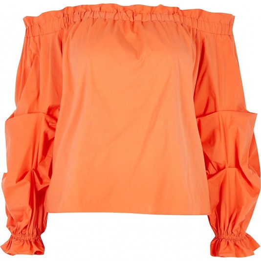 RIVER ISLAND Petite orange ruched long sleeve bardot top / bright off the shoulder tops
