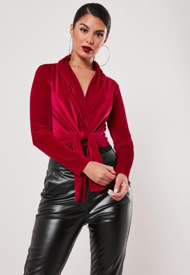 Missguided Petite Red Velvet Twist Front Bodysuit - flipped