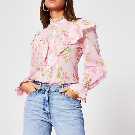 RIVER ISLAND Pink floral ruffle blouse ~ ruffled blouses - flipped
