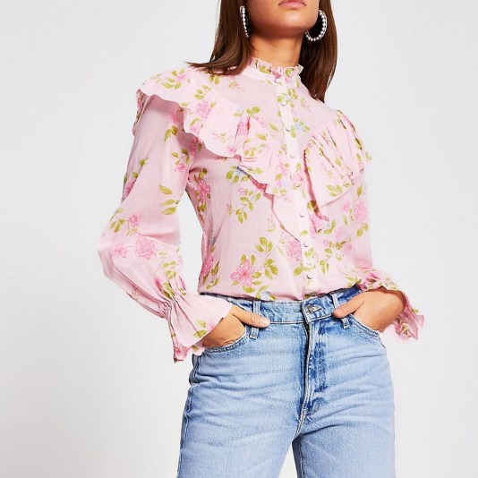 RIVER ISLAND Pink floral ruffle blouse ~ ruffled blouses