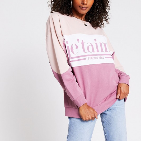 RIVER ISLAND Pink medium j’etaime print colour block sweat / slogan sweatshirt