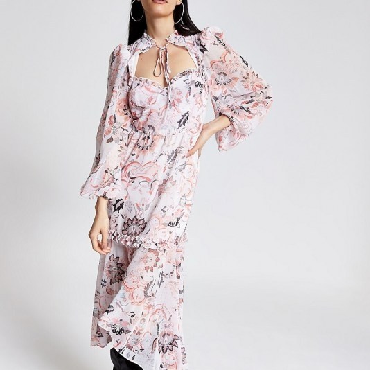 River Island Pink printed frill tie neck midi dress – cut out sweetheart neckline dresses – romantic look fashion - flipped