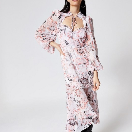 River Island Pink printed frill tie neck midi dress – cut out sweetheart neckline dresses – romantic look fashion
