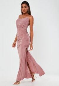 Missguided pink slinky ruched cowl neck maxi dress ~ long side slit evening dresses