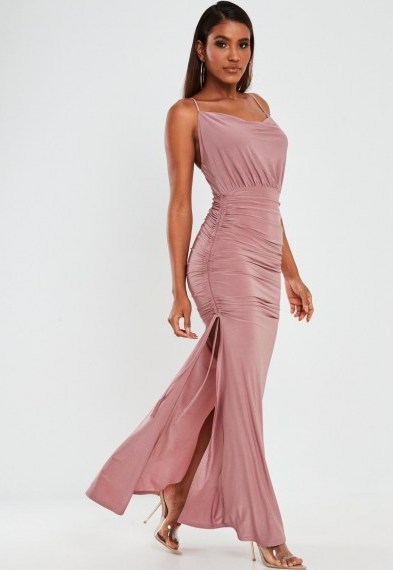 Missguided pink slinky ruched cowl neck maxi dress ~ long side slit evening dresses - flipped