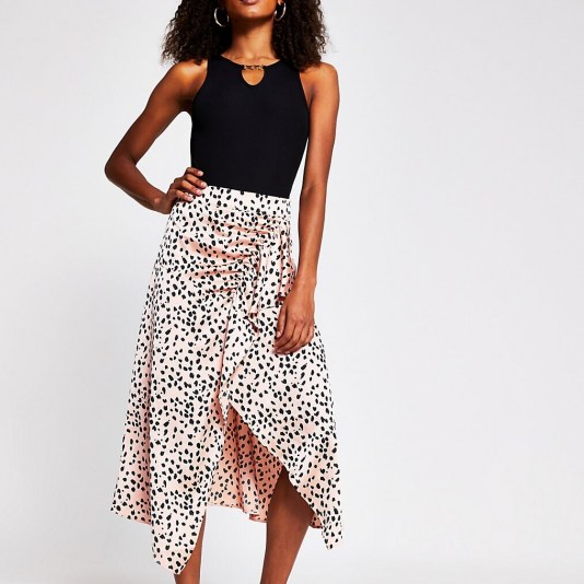 River Island Pink spot print frill wrap midi skirt | asymmetric polka dot skirts