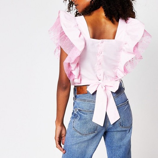 River Island Pink square neck frill top | bow back detail tops | voluminous frills - flipped