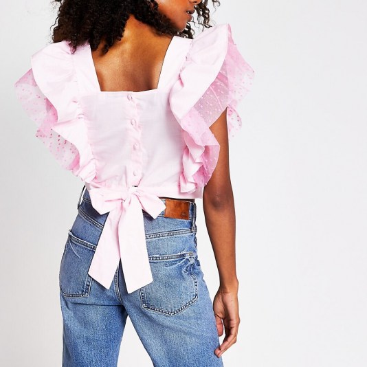 River Island Pink square neck frill top | bow back detail tops | voluminous frills