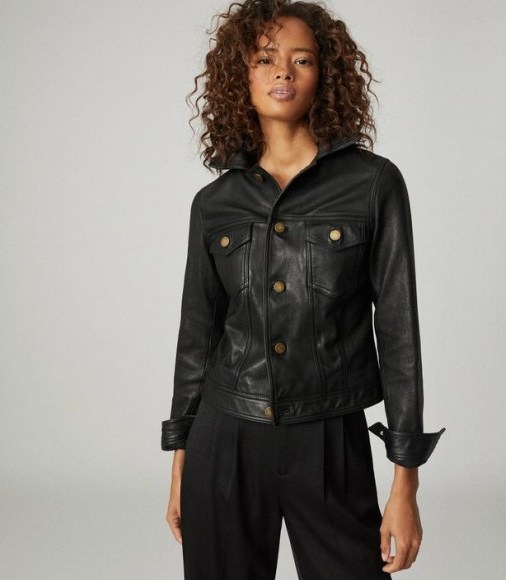 REISS PIPER LEATHER TRUCKER JACKET BLACK ~ essential cool-girl style - flipped