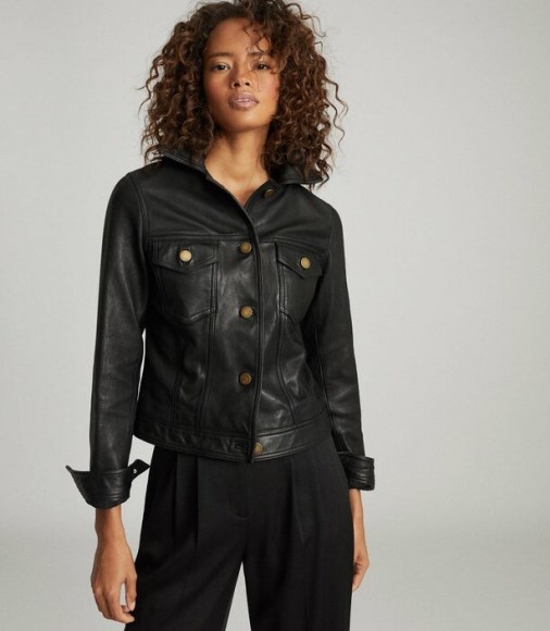 REISS PIPER LEATHER TRUCKER JACKET BLACK ~ essential cool-girl style