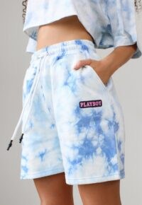 playboy x missguided blue tie dye elasticated shorts / logo prints