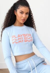 playboy x missguided blue triple logo contrast stitch crop top / casual cropped hem tops