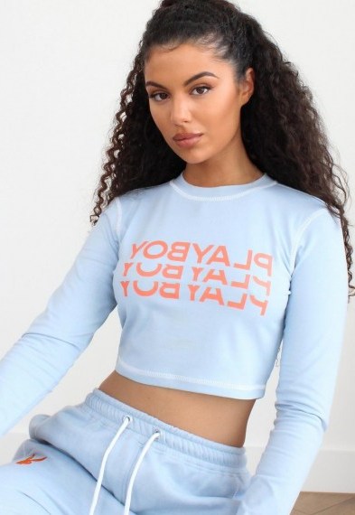 playboy x missguided blue triple logo contrast stitch crop top / casual cropped hem tops - flipped