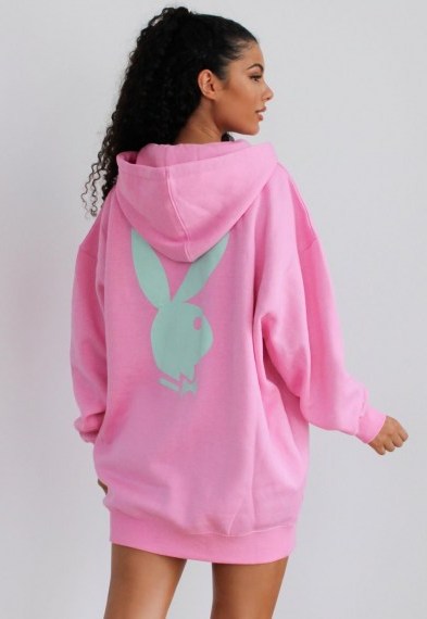 playboy x missguided pink bunny back hoodie dress / bunnies / logo print casual wear - flipped