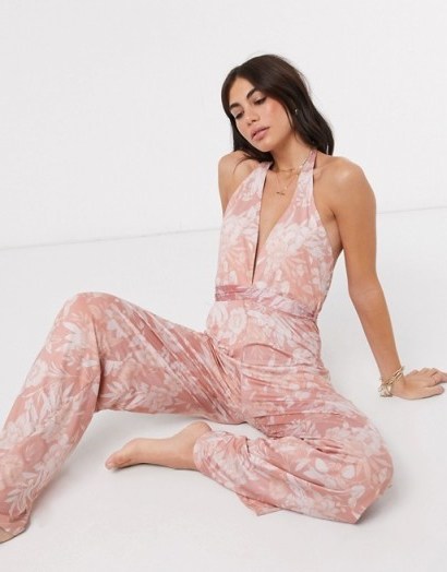 Power 2 The Flower plunge front beach jumpsuit in summer rose floral / pink halterneck jumpsuits - flipped