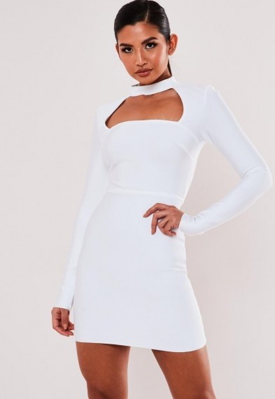 Missguided premium white bandage high neck cut out mini dress ~ long sleeved bodycon dresses - flipped